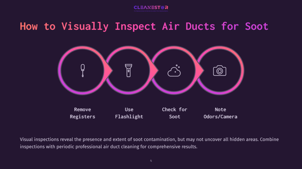 Four Circular Icons Show Steps For Inspecting Air Ducts: A Screwdriver, Flashlight, Magnifying Glass, And Camera, On A Dark Purple Background.