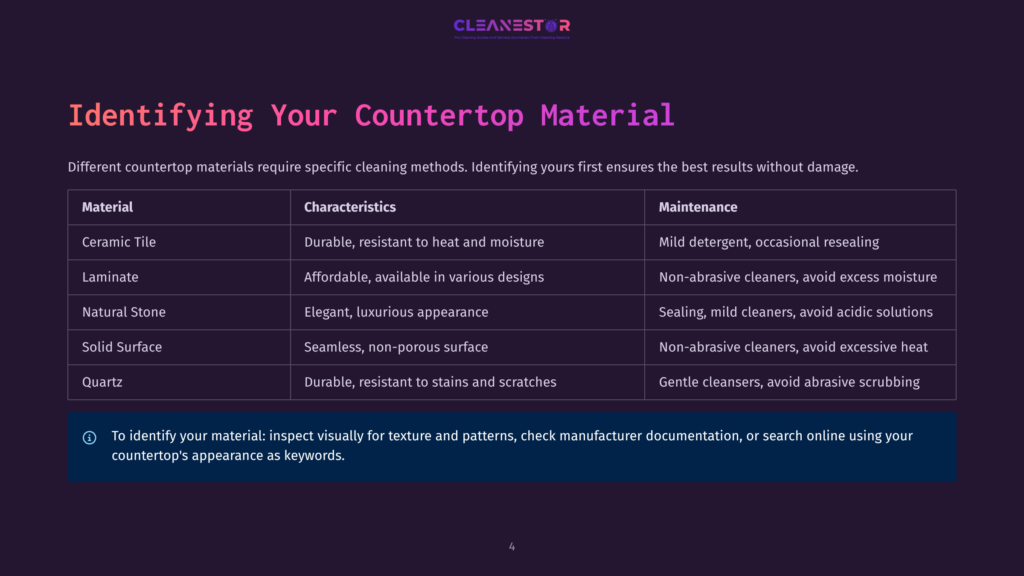 Table Titled &Quot;Identifying Your Countertop Material&Quot; From Cleanestor, Detailing Countertop Materials Like Ceramic Tile, Laminate, Natural Stone, Solid Surface, And Quartz, With Their Characteristics And Maintenance Tips.