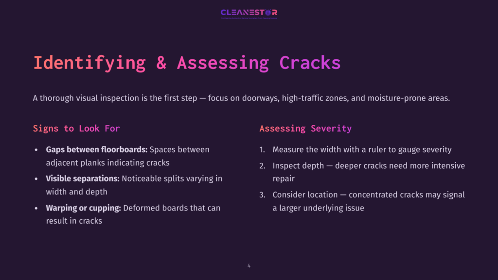 Text On A Dark Purple Background Lists Guidelines For Identifying And Assessing Cracks Between Hardwood Floors, With Bullet Points And Numbered Steps.