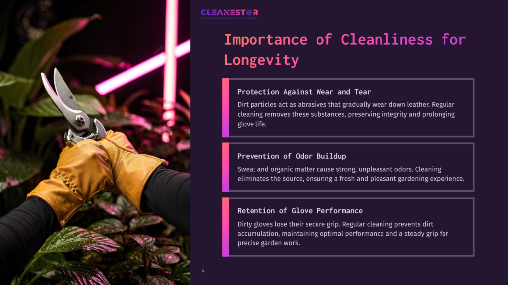 4 Importance Of Cleanliness For Longevity Close-Up Of Yellow Leather Garden Gloves Holding Pruning Shears, Set Against A Dark Background With Pink Neon Lights Highlighting Cleanliness Tips.