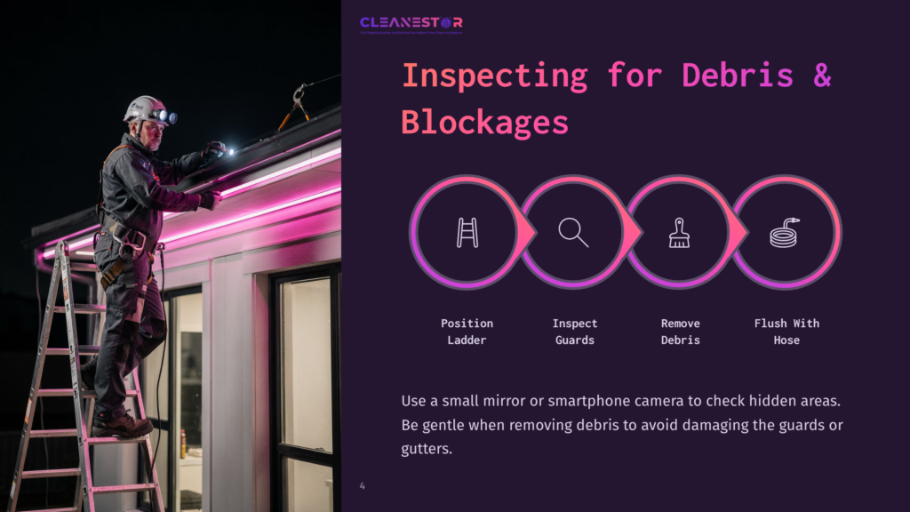 A Person In A Helmet Inspects Gutter Guards With A Ladder At Night, Illuminated By Pink Lights, Alongside Tips For Cleaning.