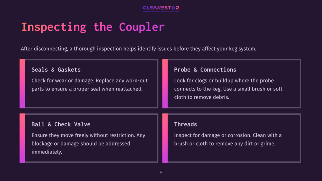 Illustration Of Inspection Steps For A Keg Coupler, Featuring Sections On Seals, Probes, Ball &Amp; Check Valve, And Threads In A Colorful Layout.