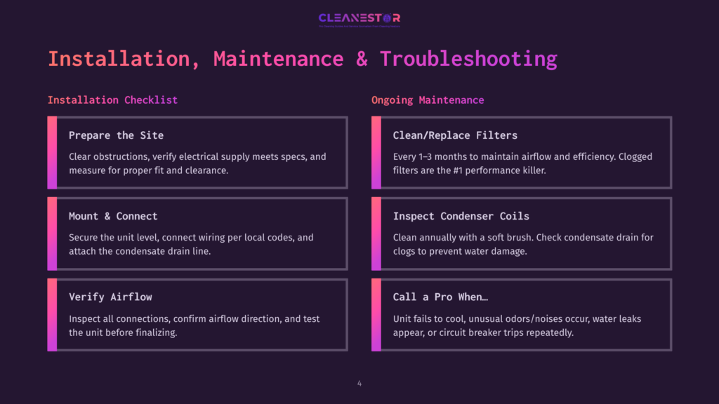 4 Installation Maintenance And Troubleshooting Cleanestor Hvac Installation, Maintenance, And Troubleshooting Guide. Sections Cover Installation Checklist (Prepare Site, Mount &Amp; Connect, Verify Airflow) And Ongoing Maintenance (Clean/Replace Filters, Inspect Condenser Coils, Call A Pro).