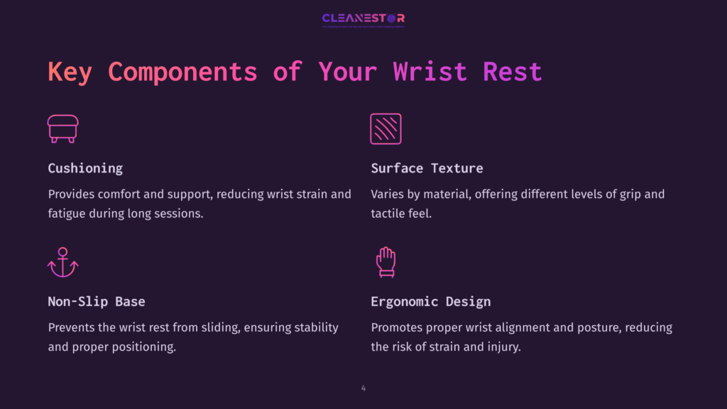 Four Sections Outlining Key Components Of A Wrist Rest: Cushioning, Surface Texture, Non-Slip Base, And Ergonomic Design, On A Dark Background.
