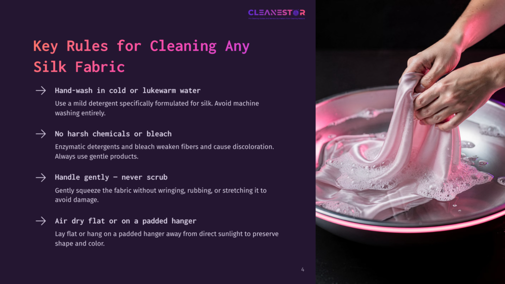 A Soft Silk Scarf Being Gently Washed In Lukewarm Water, With A Pink-Lit Basin Highlighting Its Delicate Texture.