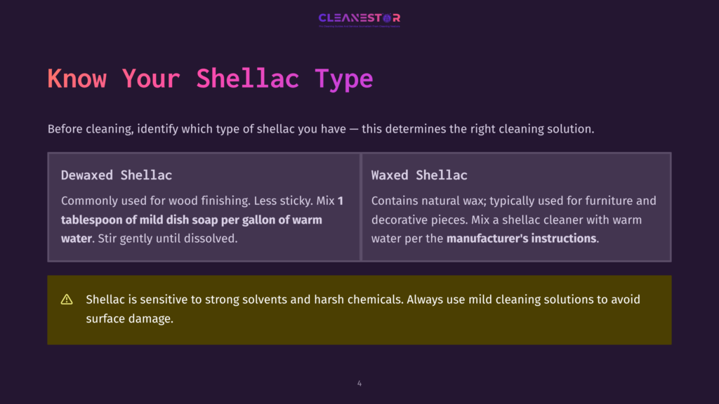 A Slide Titled &Quot;Know Your Shellac Type&Quot; Contrasts Dewaxed Shellac, Used For Wood Finishing, With Waxed Shellac, Used For Furniture And Decorative Pieces, And Warns That Shellac Is Sensitive To Harsh Chemicals.