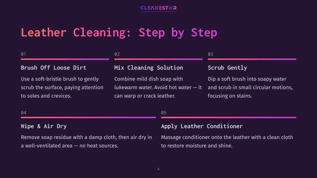 Step-By-Step Guide On Leather Cleaning, Featuring Numbered Instructions On A Dark Purple Background With White Text And Icons.