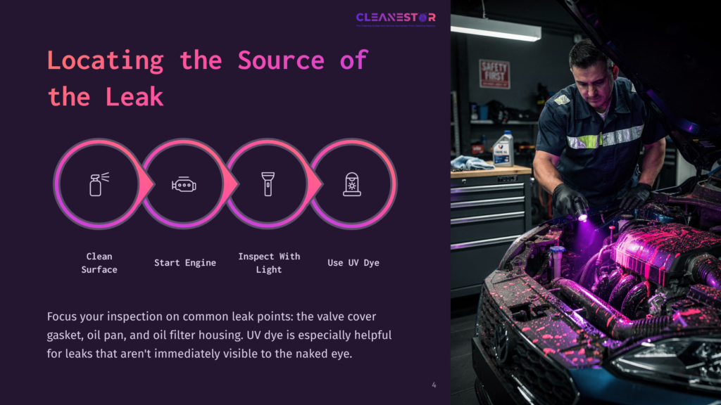 A Mechanic Uses A Uv Flashlight To Inspect An Engine For Leaks, With Purple Dye Highlighting The Affected Areas. The Image Also Displays A Graphic Illustrating Four Steps: Clean Surface, Start Engine, Inspect With Light, And Use Uv Dye.