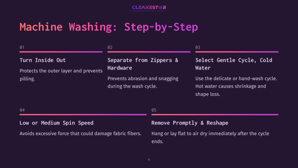 4 Machine Washing Step By Step Infographic Detailing Machine Washing Steps: Turn Inside Out, Separate Zippers &Amp; Hardware, Select Gentle Cycle &Amp; Cold Water, Use Low Or Medium Spin Speed, And Remove Promptly To Reshape.