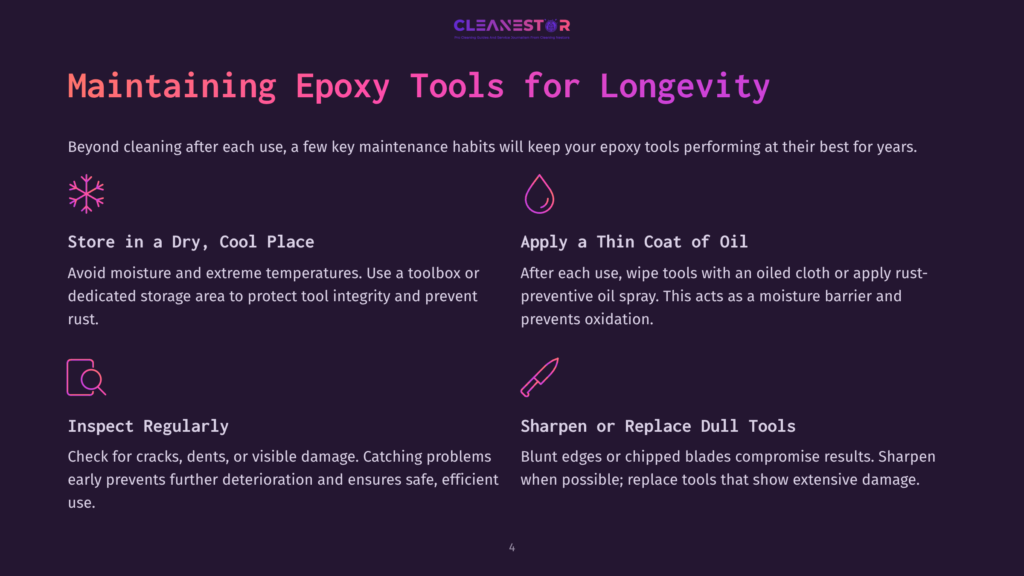 Infographic Detailing How To Maintain Epoxy Tools For Longevity, With Icons For Dry Storage, Thin Coat Of Oil, Regular Inspection, And Sharpening Or Replacing Dull Tools.