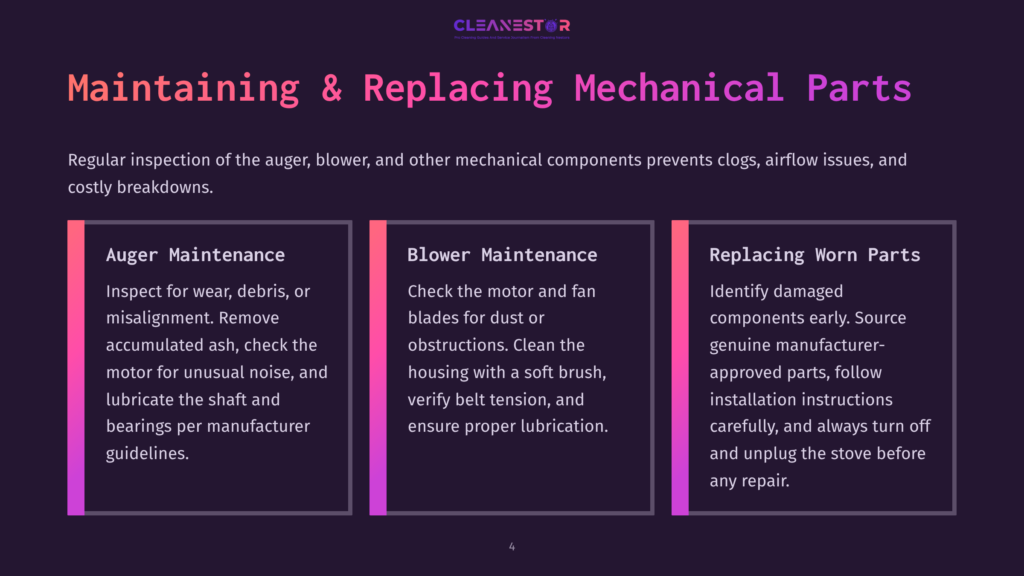 Maintaining And Replacing Mechanical Parts: Auger Maintenance, Blower Maintenance, And Replacing Worn Parts Are Discussed In This Infographic With Purple And Pink Gradient Backgrounds.