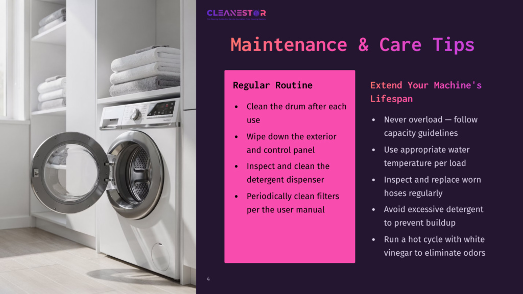 4 Maintenance And Care Tips A Modern White Front-Load Washing Machine With Its Door Open, Revealing A Clean Drum. Next To It, A Stack Of Neatly Folded White Towels. The Image Also Displays Text About Washing Machine Maintenance And Care Tips, Including &Quot;Regular Routine&Quot; And &Quot;Extend Your Machine'S Lifespan.