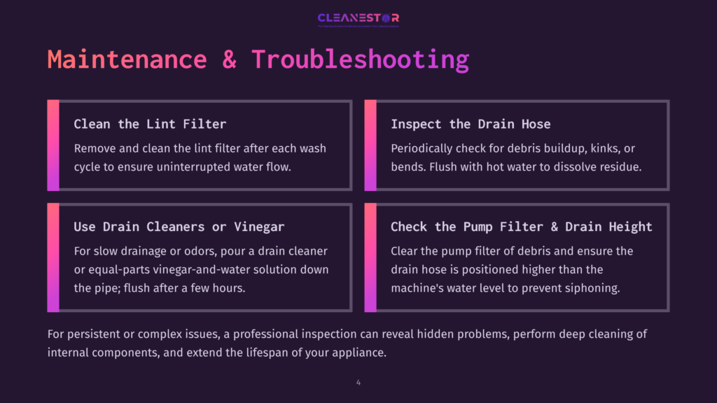 4 Maintenance And Troubleshooting Cleanestor Appliance Maintenance And Troubleshooting Guide: Clean Lint Filter, Inspect Drain Hose, Use Drain Cleaners, Check Pump Filter. Learn How To Maintain Your Appliance.