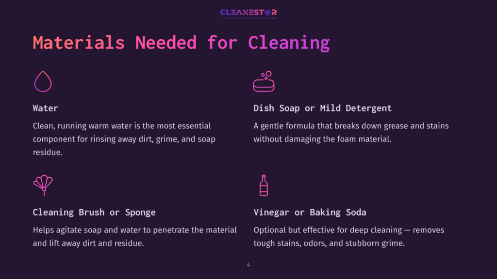 Illustration Of Cleaning Materials Needed: A Water Droplet Icon, A Soap Suds Icon, A Cleaning Brush Icon, And A Vinegar Bottle Icon, With Text Labels For Each.