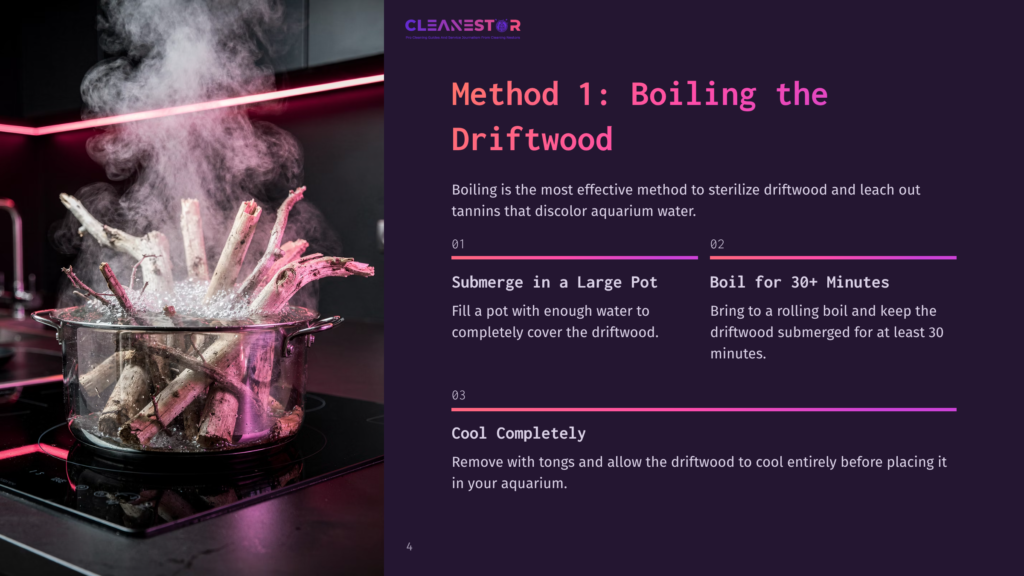 4 Method 1 Boiling The Driftwood A Pot With Submerged Driftwood On A Stovetop, Surrounded By Pink Lighting. Instructions For Boiling Driftwood Are On The Right.