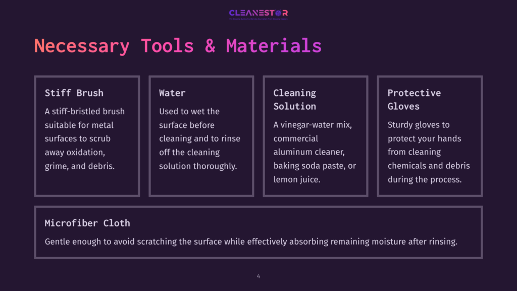 Diagram Outlining Necessary Tools And Materials For Cleaning Oxidized Aluminum Diamond Plate, Featuring A Stiff Brush, Water, Cleaning Solution, Gloves, And A Microfiber Cloth.