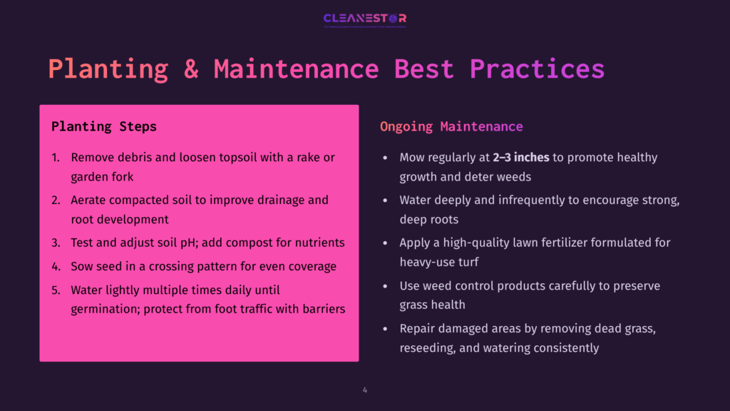 Cleanestor Planting And Maintenance Best Practices: Planting Steps Include Removing Debris, Aerating Soil, Testing Ph, Sowing Seed, And Watering. Ongoing Maintenance Involves Regular Mowing, Deep Watering, Applying Fertilizer, Using Weed Control, And Repairing Damaged Areas.