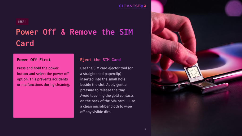 4 Power Off And Remove The Sim Card A Person Inserting A Sim Ejector Tool Into A Smartphone'S Sim Card Slot, With Instructional Text About Powering Off The Device.