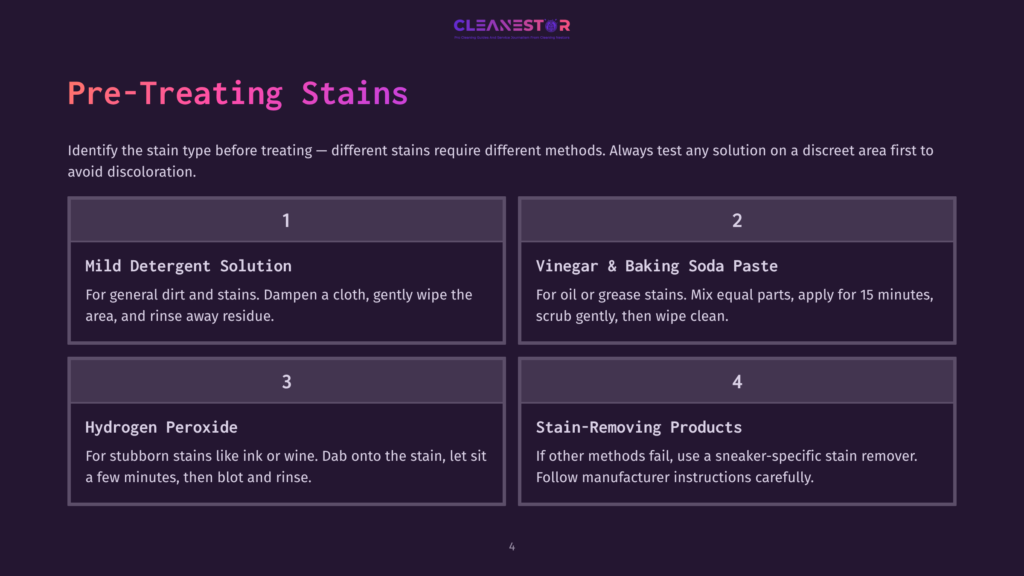 4 Pre Treating Stains Text Layout In A Dark Background With Numbered Steps For Stain Treatment Using A Solution, Vinegar, Hydrogen Peroxide, And Stain Removers.