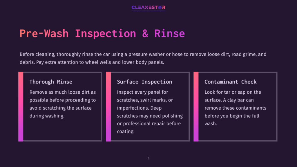 4 Pre Wash Inspection And Rinse A Dark Background With A Purple Gradient At The Bottom Displays A Presentation Slide Titled &Quot;Pre-Wash Inspection &Amp; Rinse.&Quot; Three Columns Detail Car Cleaning Steps: Thorough Rinse, Surface Inspection, And Contaminant Check, With Key Instructions In Each.