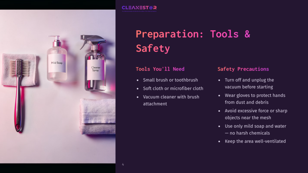 On A Dark Background, A Bottle Of Cleaner Spray And A Spray Bottle Filled With Mild Soap Are Arranged With A Toothbrush And Cloth, Alongside Safety Tips.