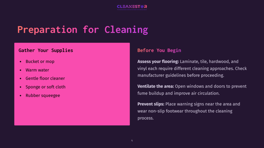 A Vibrant Pink Box Highlights Cleaning Preparation Tips Against A Dark Background, Surrounded By Bullet Points Outlining Necessary Steps.