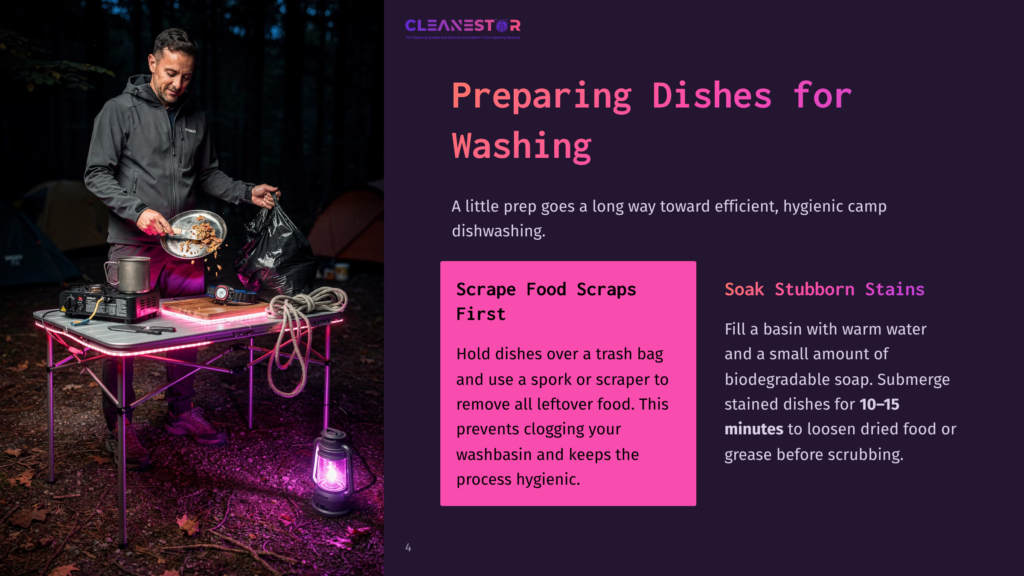 A Camping Setup Features A Table With Dishes, A Sponge, And Cleaning Supplies, Illuminated By A Purple Lantern Against A Dark Background.