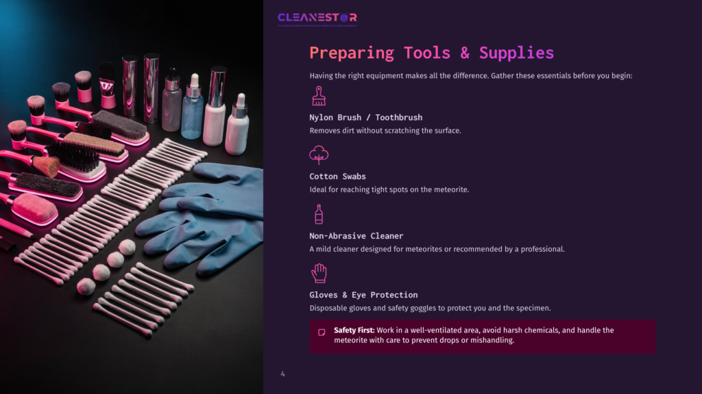 A Neatly Organized Array Of Cleaning Supplies Including Brushes, Cotton Swabs, Gloves, And Bottles Of Cleaner On A Dark Background.