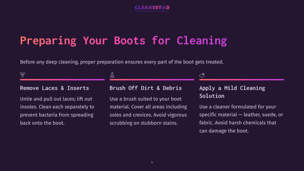 Preparing Your Boots For Cleaning: Remove Laces &Amp; Inserts, Brush Off Dirt &Amp; Debris, And Apply A Mild Cleaning Solution. Instructions For Boot Care.