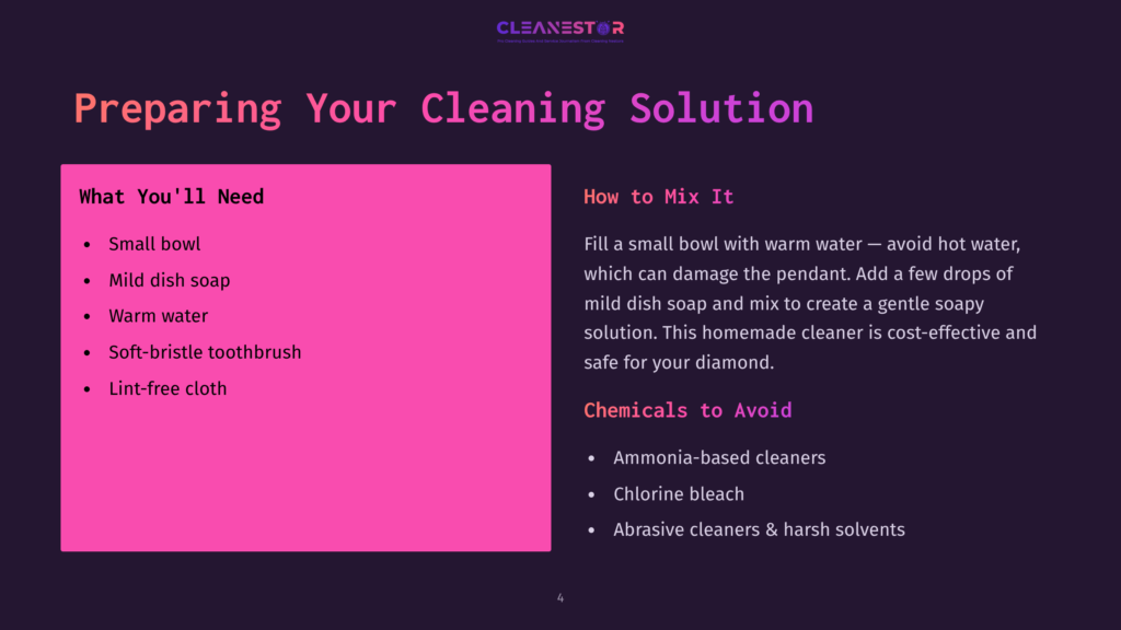 Bright Pink Text Lists Ingredients And Instructions For Cleaning A Diamond Pendant, With A Contrasting Dark Background And A Side Note On Harmful Chemicals.
