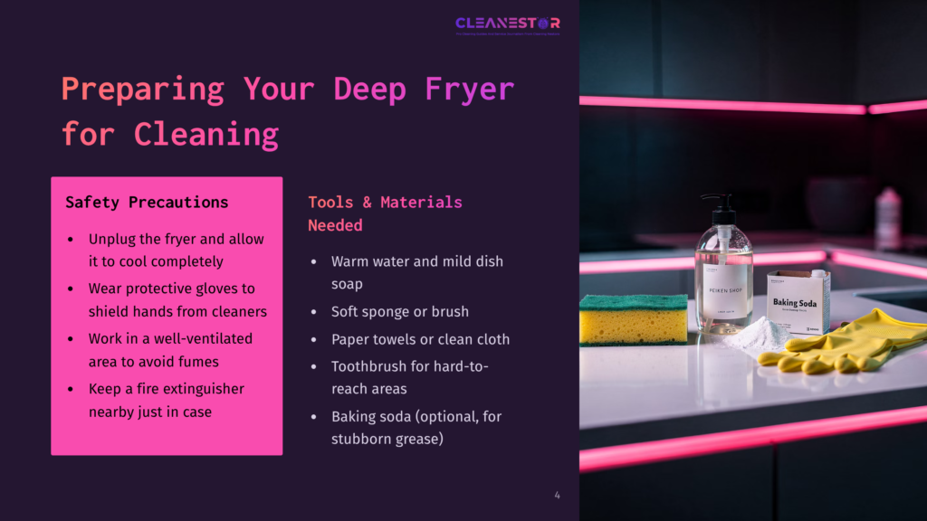 Cleanestor Logo Above Text: &Quot;Preparing Your Deep Fryer For Cleaning&Quot; With Safety Precautions And Tools/Materials Needed Listed. A Modern Kitchen Counter With Cleaning Supplies Is Visible In The Background.