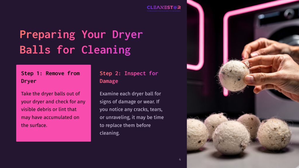 Soft Dryer Balls In A Cluster On A Surface, With A Pink Neon Backdrop. Step Instructions For Cleaning And Inspecting Are Displayed.