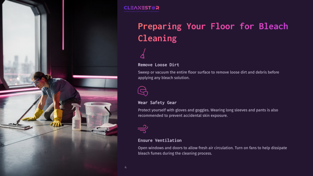 4 Preparing Your Floor For Bleach Cleaning A Person Wearing Gloves And Goggles Mops A Floor In A Modern, Well-Lit Space, With Pink Lighting And Urban View In The Background.