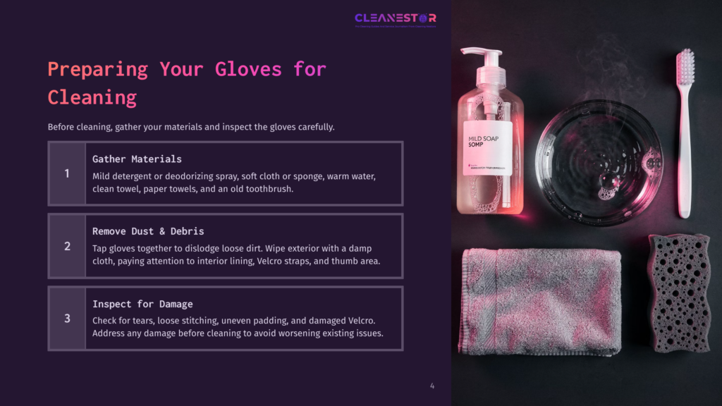 Overhead View Of Cleaning Supplies: A Clear Bottle Of Mild Soap, A White Toothbrush, A Grey Microfiber Cloth, A Dark Grey Sponge, And A Glass Bowl Of Soapy Water, All Arranged On A Dark Surface Next To A Graphic With Instructions On Preparing Cleaning Gloves.