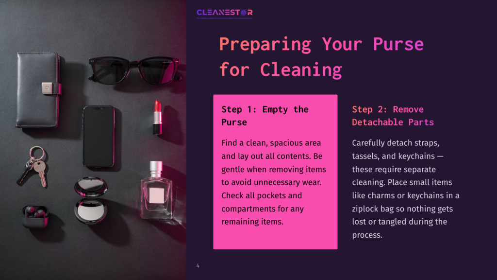 Overhead View Of A Black Leather Purse And Its Contents Laid Out On A Dark Surface, Including Sunglasses, Lipstick, A Phone, Keys, Earbuds, And Perfume, With Text Overlay &Quot;Preparing Your Purse For Cleaning.