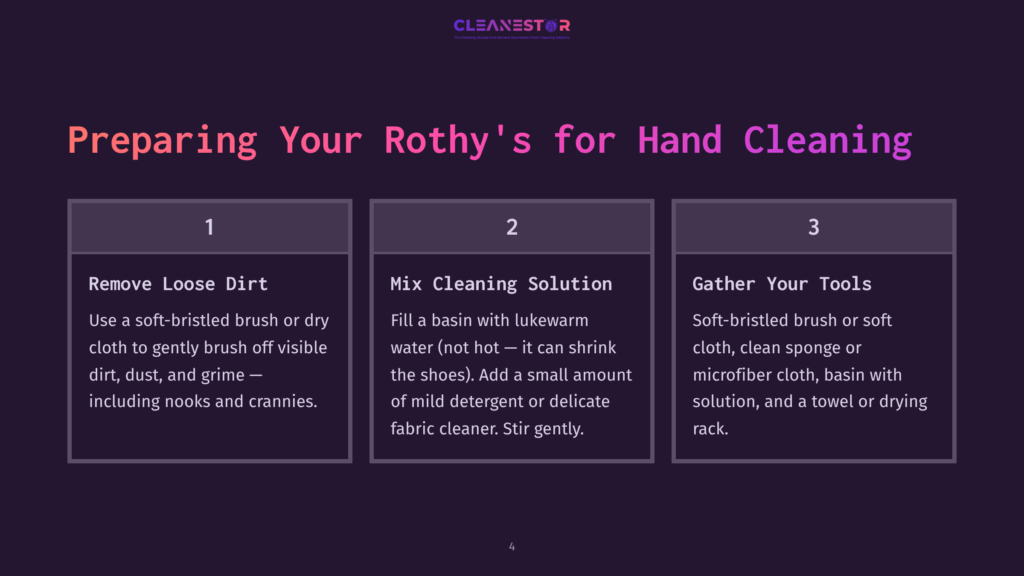 Steps For Cleaning Rothy'S Include Removing Dirt, Mixing A Cleaning Solution, And Gathering Tools Like Brushes And Cloths.
