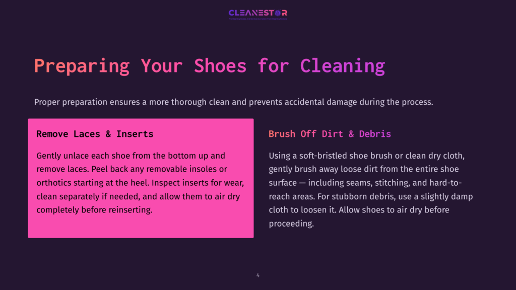 Preparing Your Shoes For Cleaning: Step 1 - Remove Laces &Amp; Inserts. Step 2 - Brush Off Dirt &Amp; Debris. Instructions For Shoe Cleaning Preparation.