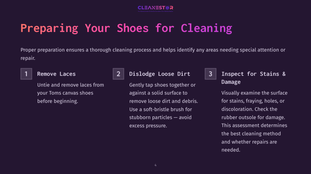 4 Preparing Your Shoes For Cleaning 3 Preparing Your Shoes For Cleaning: Step 1 Remove Laces, Step 2 Dislodge Loose Dirt, Step 3 Inspect For Stains &Amp; Damage. Instructions On A Purple Background.