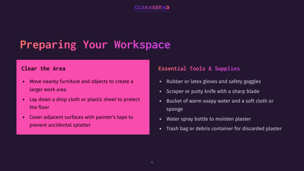 Illustration With A Pink Box Listing Essential Cleaning Tools Like Gloves, Scraper, Sponge, And Water Spray Bottle Against A Dark Background.