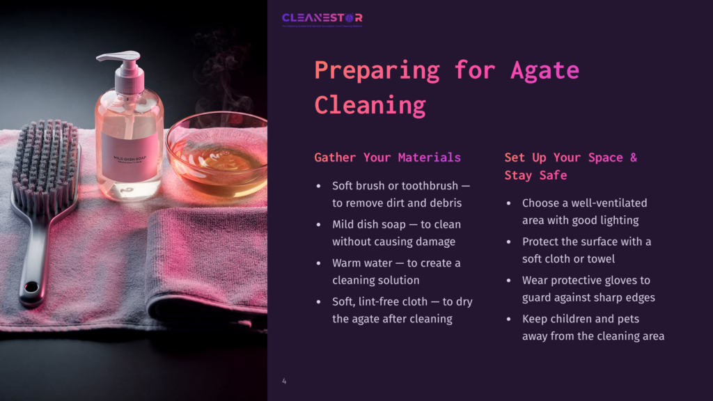 A Pink Towel Supports A Soap Bottle, A Bowl Of Water, And A Cleaning Brush, Providing A Tidy Layout For Cleaning Agate.