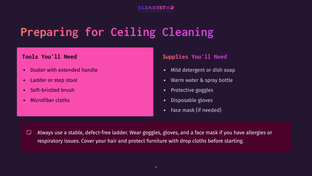 Tools And Supplies For Ceiling Cleaning: Ladder, Dish Soap, Spray Bottle, Gloves, Goggles, Disposable Mask, And Safety Tips.