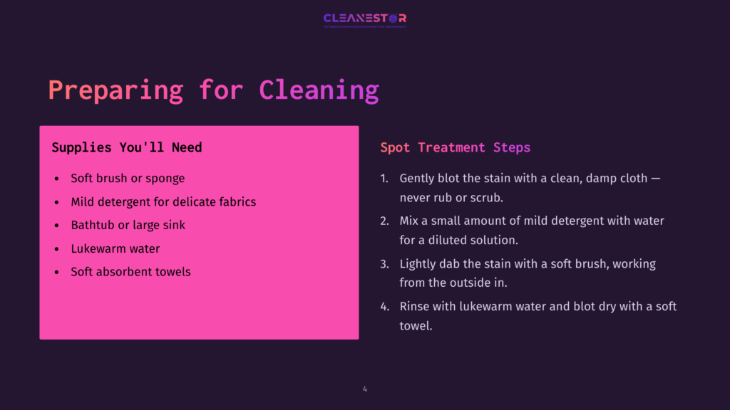 Supplies List For Cleaning Silk Comforter Displayed On A Dark Background, With Bright Pink Text Highlighting Needed Items And Cleaning Steps.
