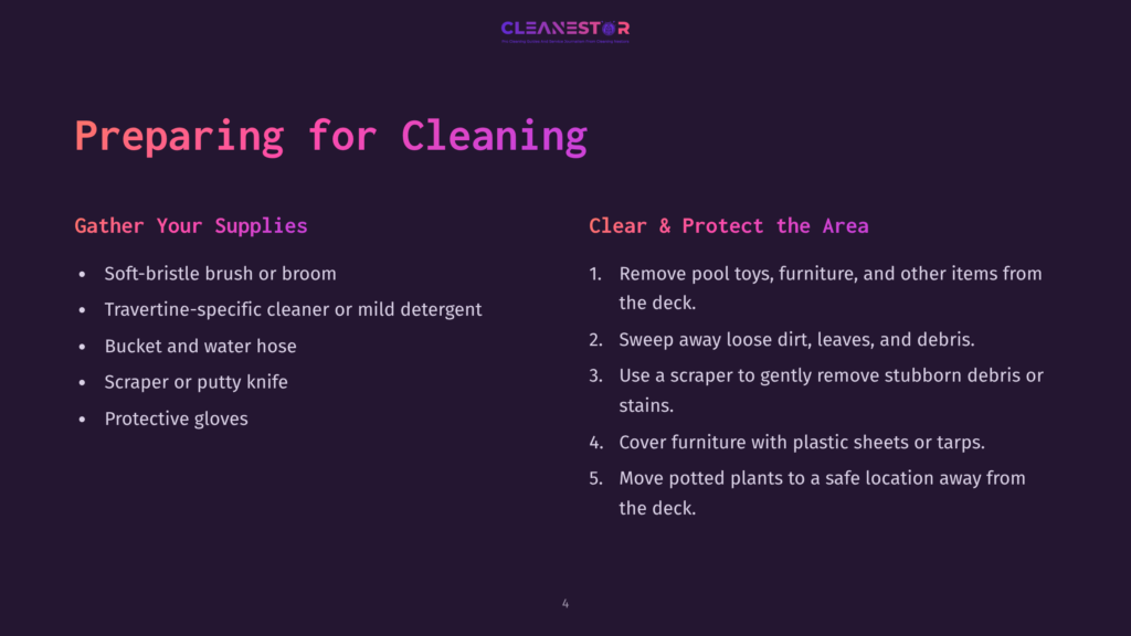 Slide With Text &Quot;Preparing For Cleaning.&Quot; Lists Supplies Like Soft-Bristle Brush, Cleaner, Bucket, Scraper, And Gloves, And Steps To Clear And Protect The Deck.