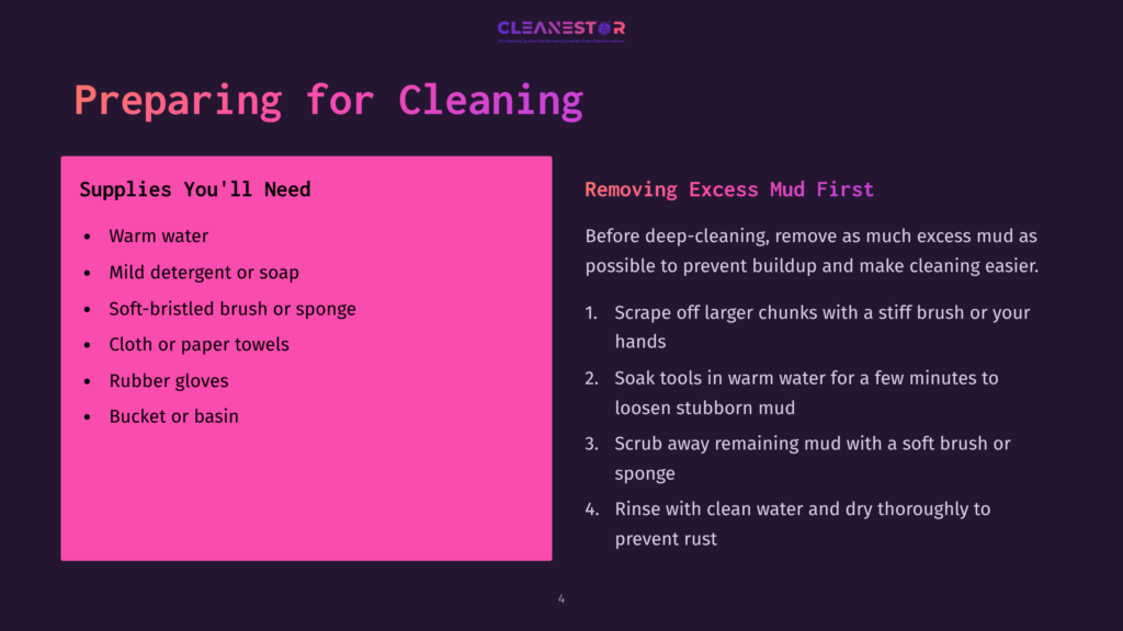 Visual Guide With A Pink Sidebar Listing Cleaning Supplies, Including Soap, Sponge, Towels, And A Bucket Against A Dark Background.