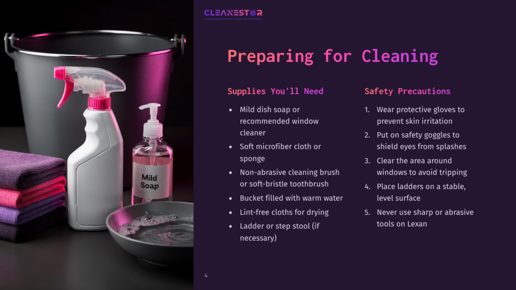 Cleaning Supplies Arranged Neatly: A Spray Bottle Labeled &Quot;Mild Soap,&Quot; A Microfiber Cloth, A Bucket Of Water, And A Ladder. Dark Background.
