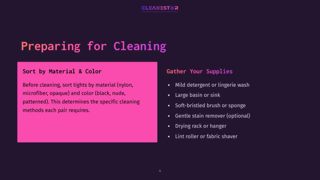 Presentation Slide Titled &Quot;Preparing For Cleaning&Quot; With Sections &Quot;Sort By Material &Amp; Color&Quot; And &Quot;Gather Your Supplies.&Quot; The First Section Details Sorting Tights By Material And Color, While The Second Lists Cleaning Supplies Like Mild Detergent, A Large Basin, A Soft-Bristled Brush, And A Drying Rack.