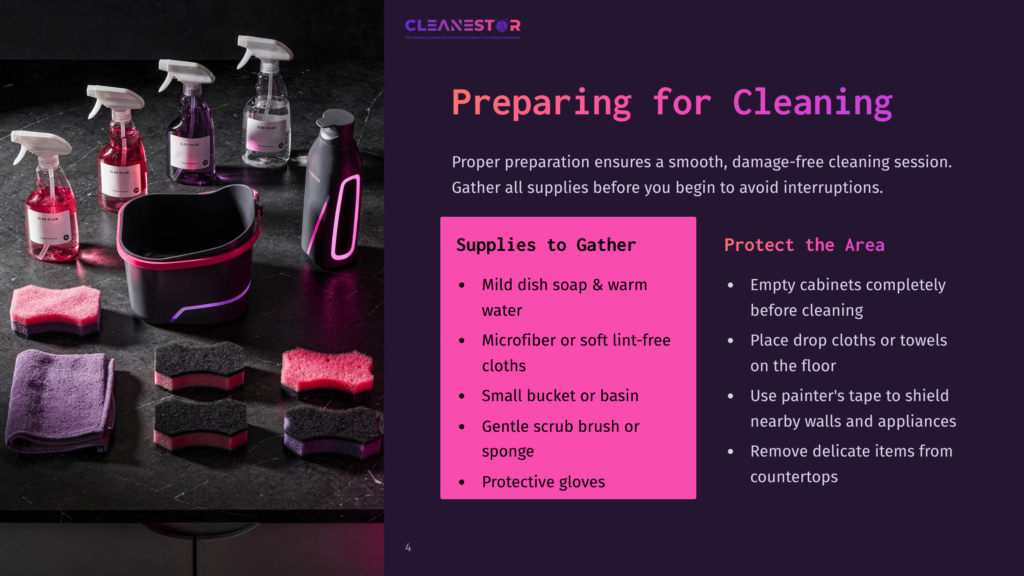 4 Preparing For Cleaning 8 Cleanestor Logo And Text &Quot;Preparing For Cleaning&Quot; With A Graphic Of Cleaning Supplies Including Spray Bottles, Sponges, And Cloths On A Dark Countertop.