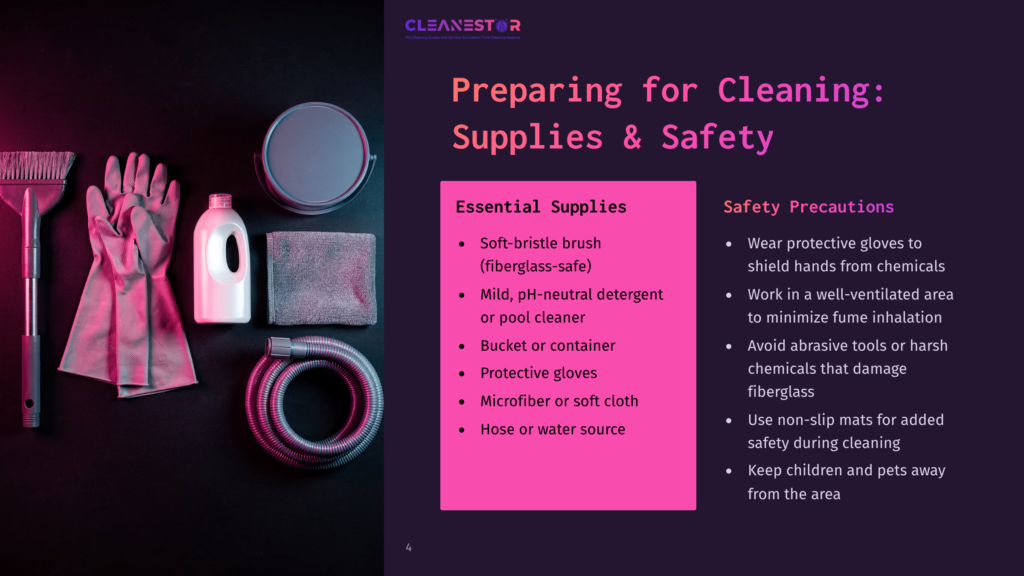 4 Preparing For Cleaning Supplies And Safety Essential Cleaning Supplies And Safety Precautions Are Listed On A Pink Background. Supplies Include Gloves, A Brush, Detergent, A Bucket, Protective Gloves, Microfiber Cloth, And A Hose. Safety Precautions Include Wearing Gloves, Working In A Well-Ventilated Area, Avoiding Abrasive Tools, And Using Non-Slip Mats.