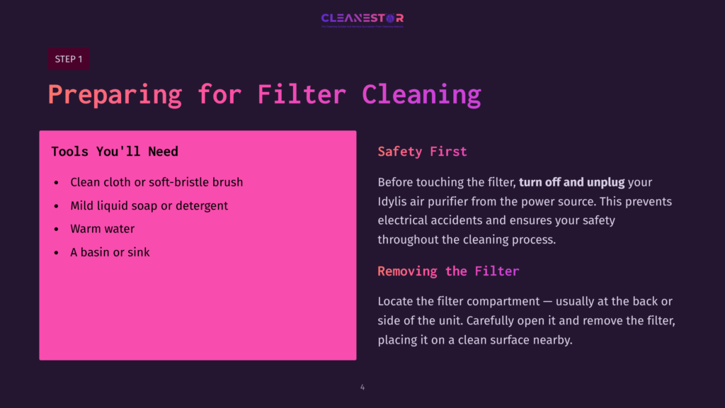 Instructions For Cleaning An Idylis Air Purifier Filter, Featuring A Pink Box Highlighting 'Tools You'Ll Need' Alongside Safety Tips And Step Details.