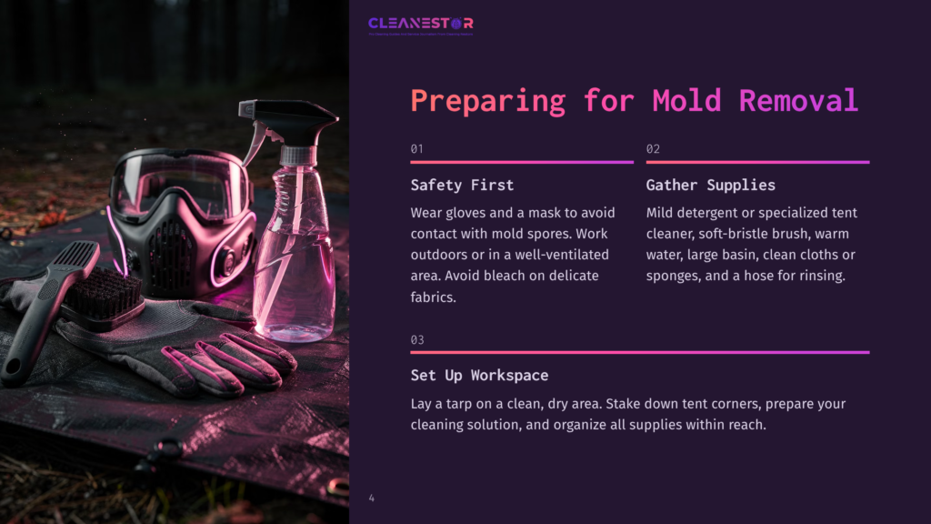 Safety Gear For Mold Removal: Goggles, Mask, Gloves, And Spray Bottle On A Black Tarp. Text Reads &Quot;Preparing For Mold Removal&Quot; And Lists Steps For Safety, Supplies, And Workspace Setup.